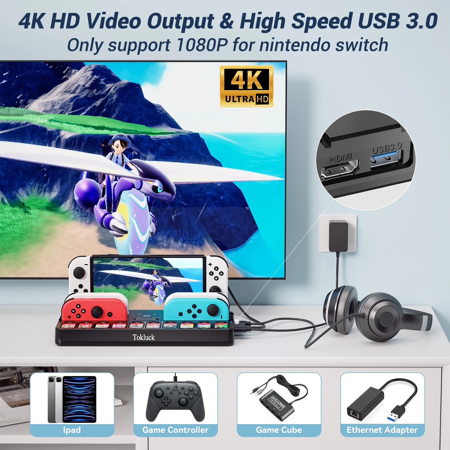 Switch Joy-Con Charger & Game Card Dock Station — HDMI & USB 3.0 Port Charging Stand for Switch OLED with Storage