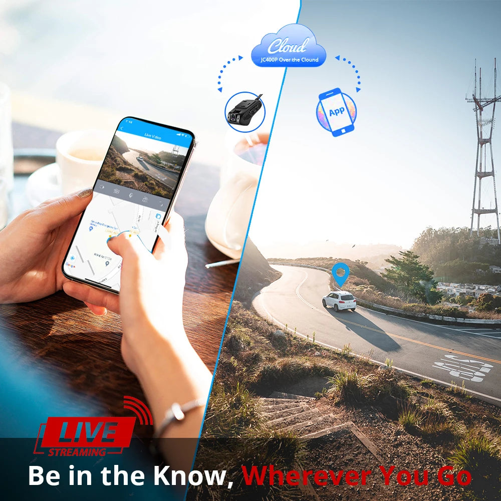Jimi JC400P 4G Car Camera – 1080P Dual Cameras, GPS Tracking, Wifi Hotspot, Live Stream, DVR Dash Cam with Free App