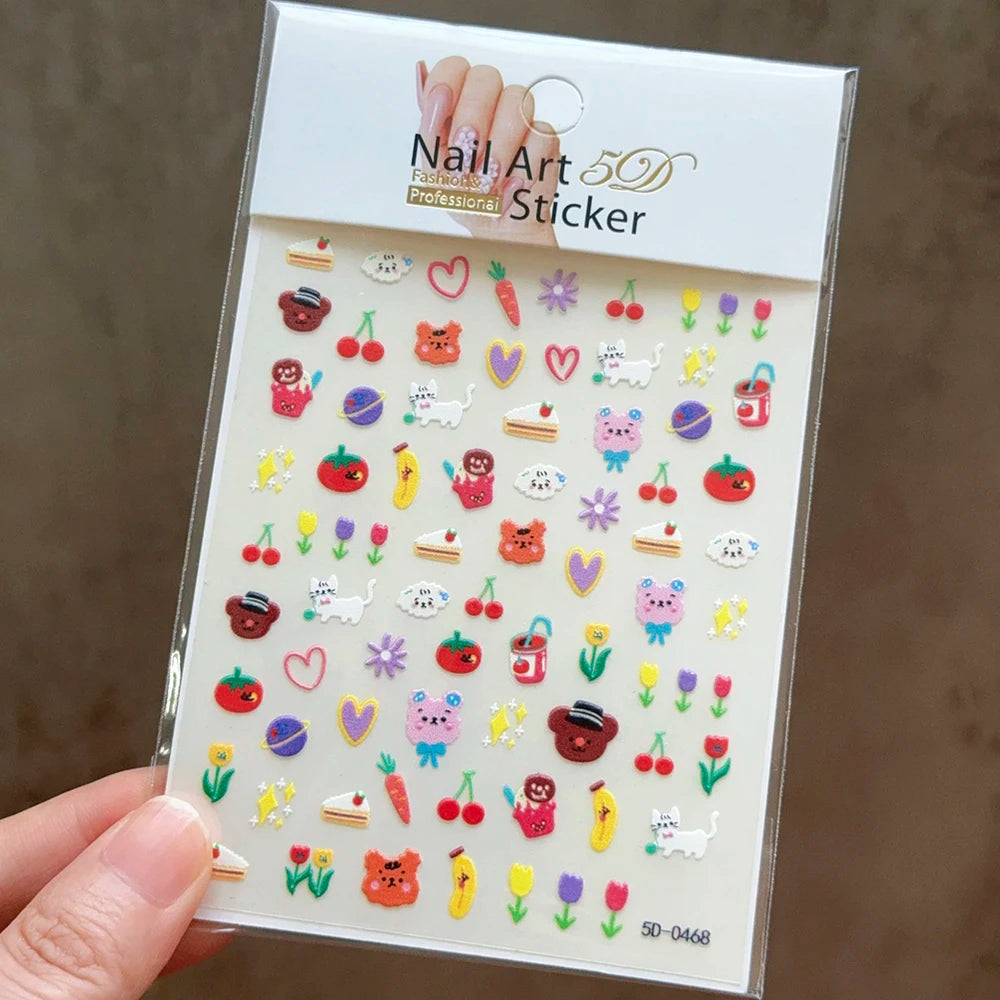 5D Macaron Nail Stickers - Embossed Flower, Fruit, Bear & Rabbit Charms for Summer DIY Manicure Decoration