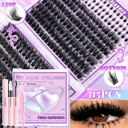 Top & Bottom Lash Extension Kit – 250/740 Cluster Fluffy Volume Mix Lengths DIY Eyelash Set for Bold Bombshell & Natural Lash Looks