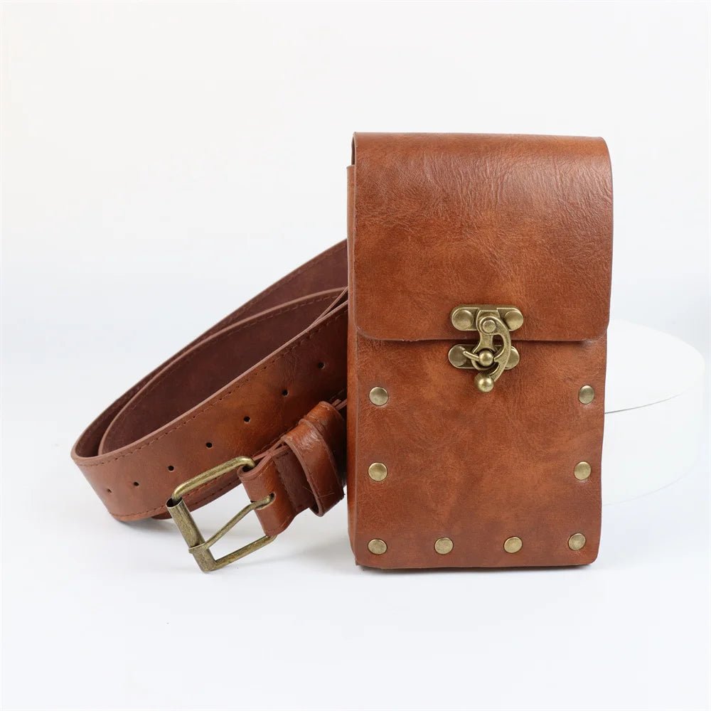 Medieval Steampunk Leather Waist Belt Pouch – Viking Knight Cosplay & Motorcycle Bag