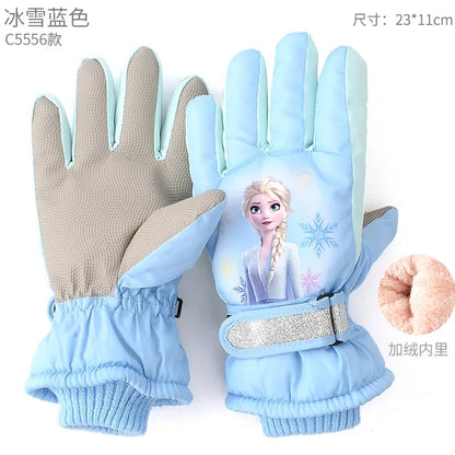 Hasbro Princess Elsa Finger Ski Gloves - Cute Kawaii Velvet, Thickened & Waterproof Gloves for Girls, Warm Winter Kids Gloves