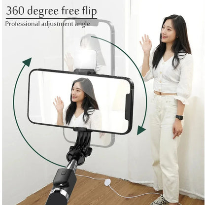 Wireless Bluetooth Selfie Stick & Tripod Stand – Fill Light with Remote Shutter for iPhone, Samsung, Xiaomi, Live Streaming Phone Holder