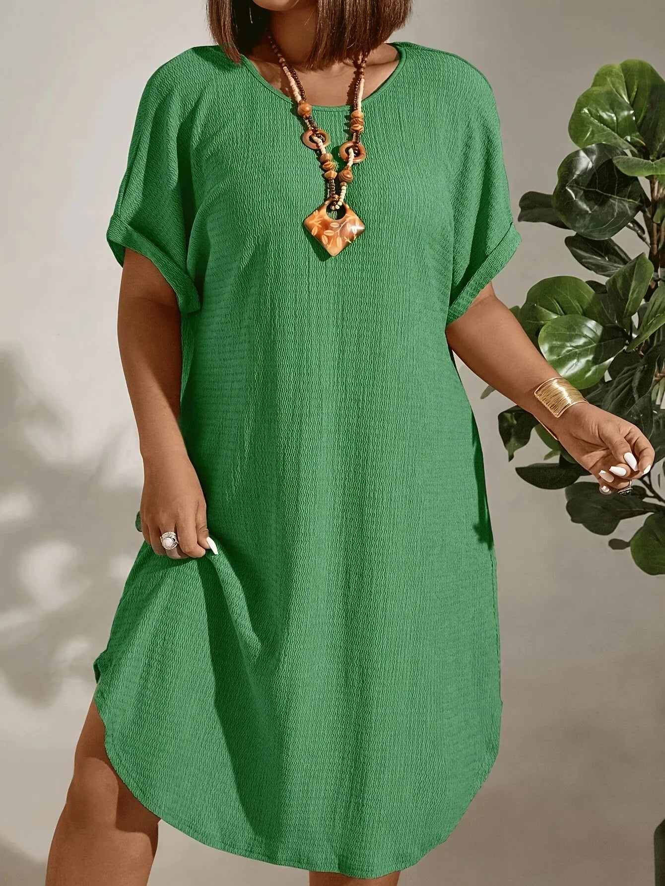 Plus Size Women’s Summer Short Sleeve Dress – 2025 Solid Color Casual European & American Style Outfit