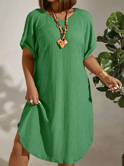Plus Size Women’s Summer Short Sleeve Dress – 2025 Solid Color Casual European & American Style Outfit