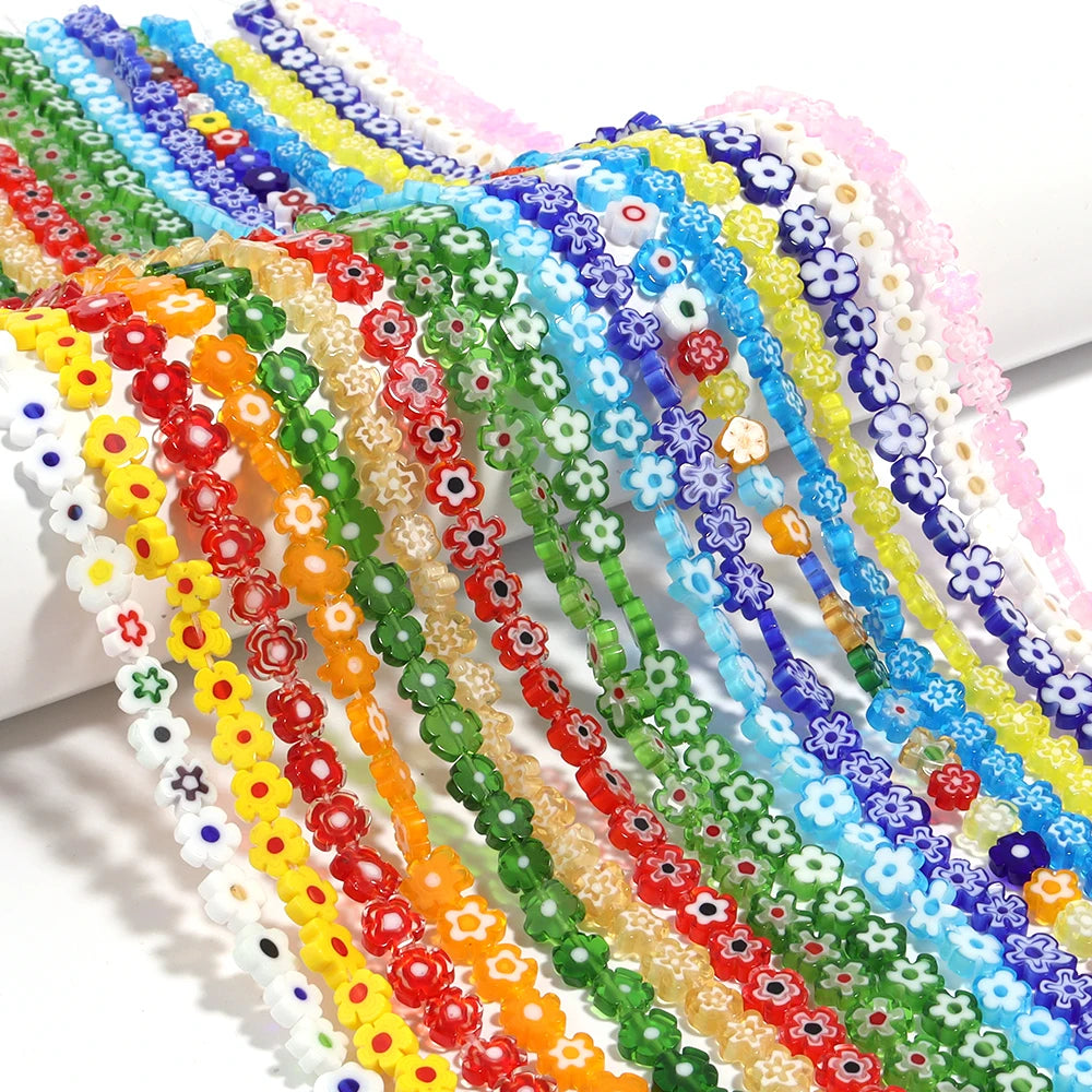 Colorful Lampwork Flower Beads - Thousand Flower Flat Plum Blossom Loose Beads for DIY Bracelet & Jewelry Crafts