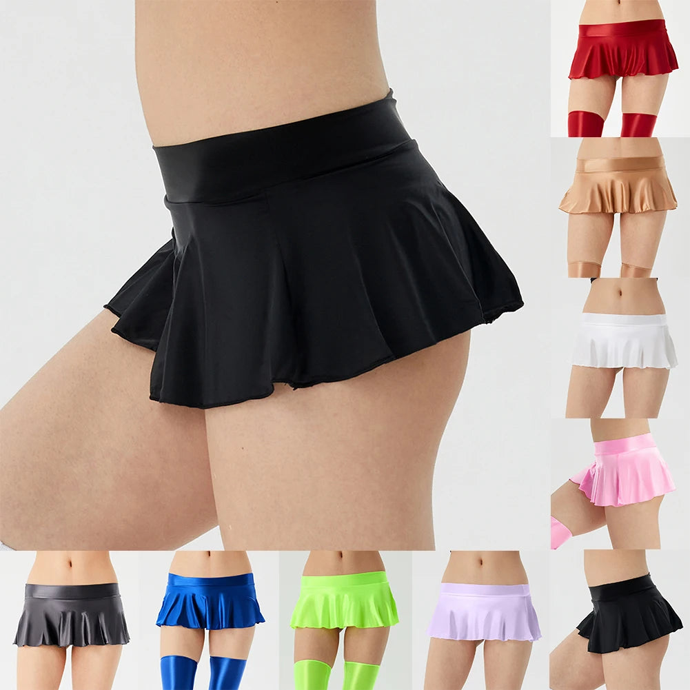 Women’s Sexy Wet Look Mini Skirt — Erotic Super Short Night Dress Party Lingerie in Wine Red, Pink & Black