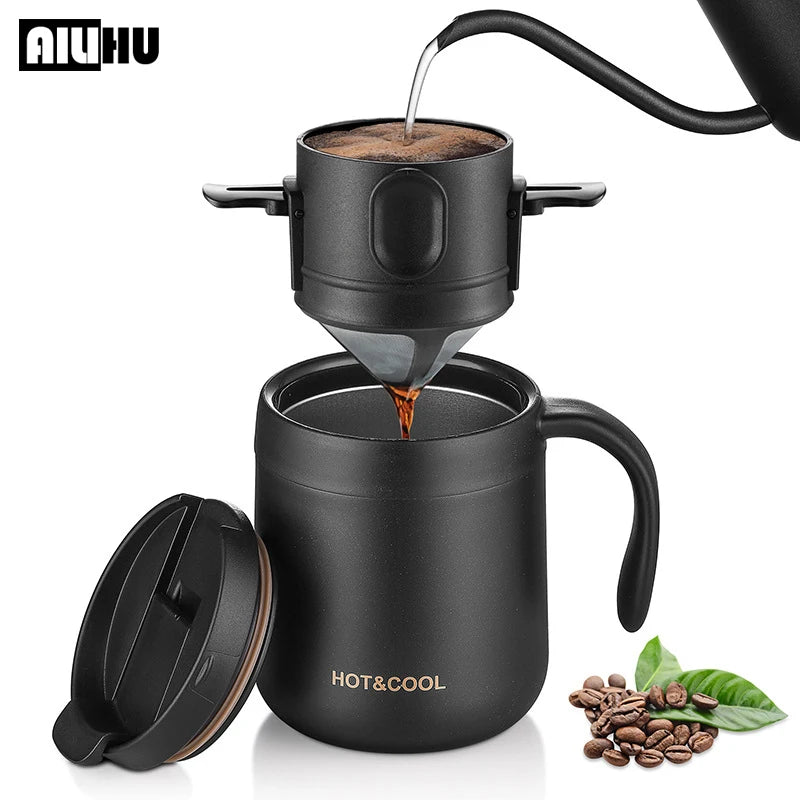 304 Stainless Steel Portable Coffee Filter – Reusable Drip Coffee Tea Holder Mug Set with Coffee Pot & Dripper