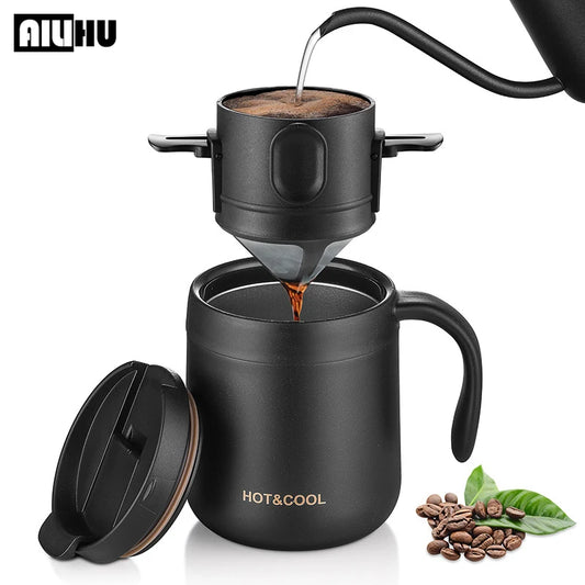 304 Stainless Steel Portable Coffee Filter – Reusable Drip Coffee Tea Holder Mug Set with Coffee Pot & Dripper