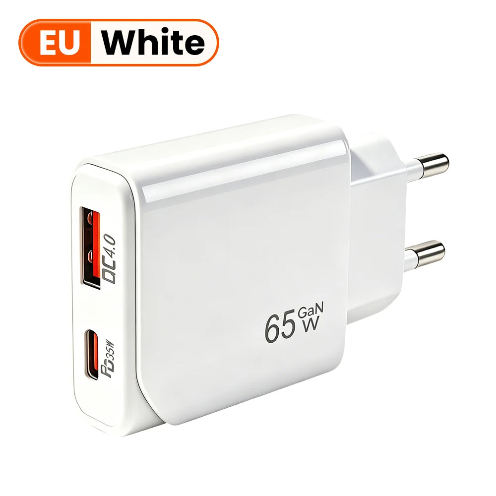 65W GaN USB-C Fast Charger – Ultra-Thin Dual-Port PD/QC Wall Adapter for iPhone, Samsung, and Xiaomi Devices