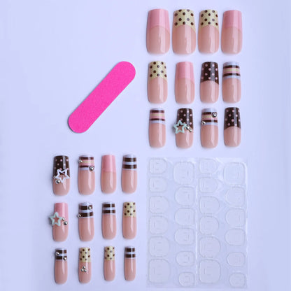 24PCS Y2K Sweet Stars Press-On Nails - Blue Brown Striped French Style Autumn Vintage Wave Point Fake Nail Set