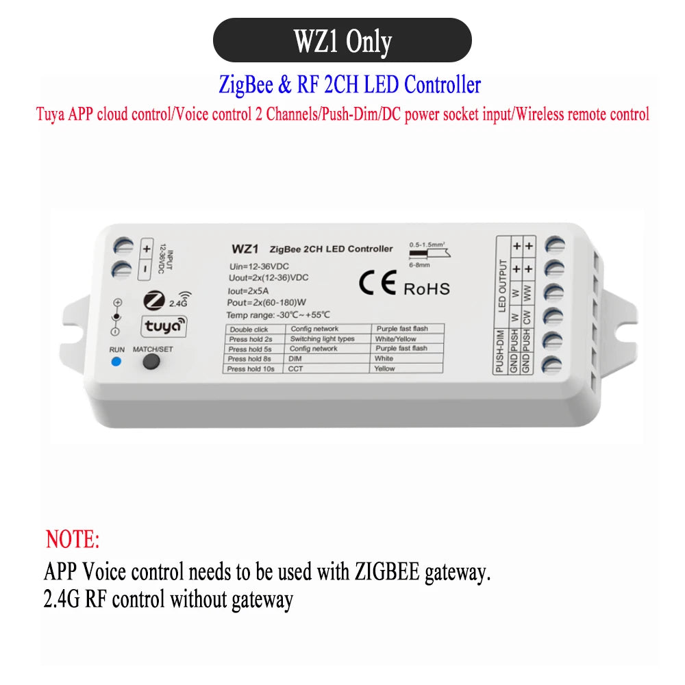 CENFAYA ZigBee & RF 2CH LED Controller - Smart DC 12V/24V Dimmer for CCT LED Strips with Remote Control