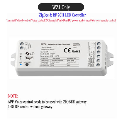 CENFAYA ZigBee & RF 2CH LED Controller - Smart DC 12V/24V Dimmer for CCT LED Strips with Remote Control