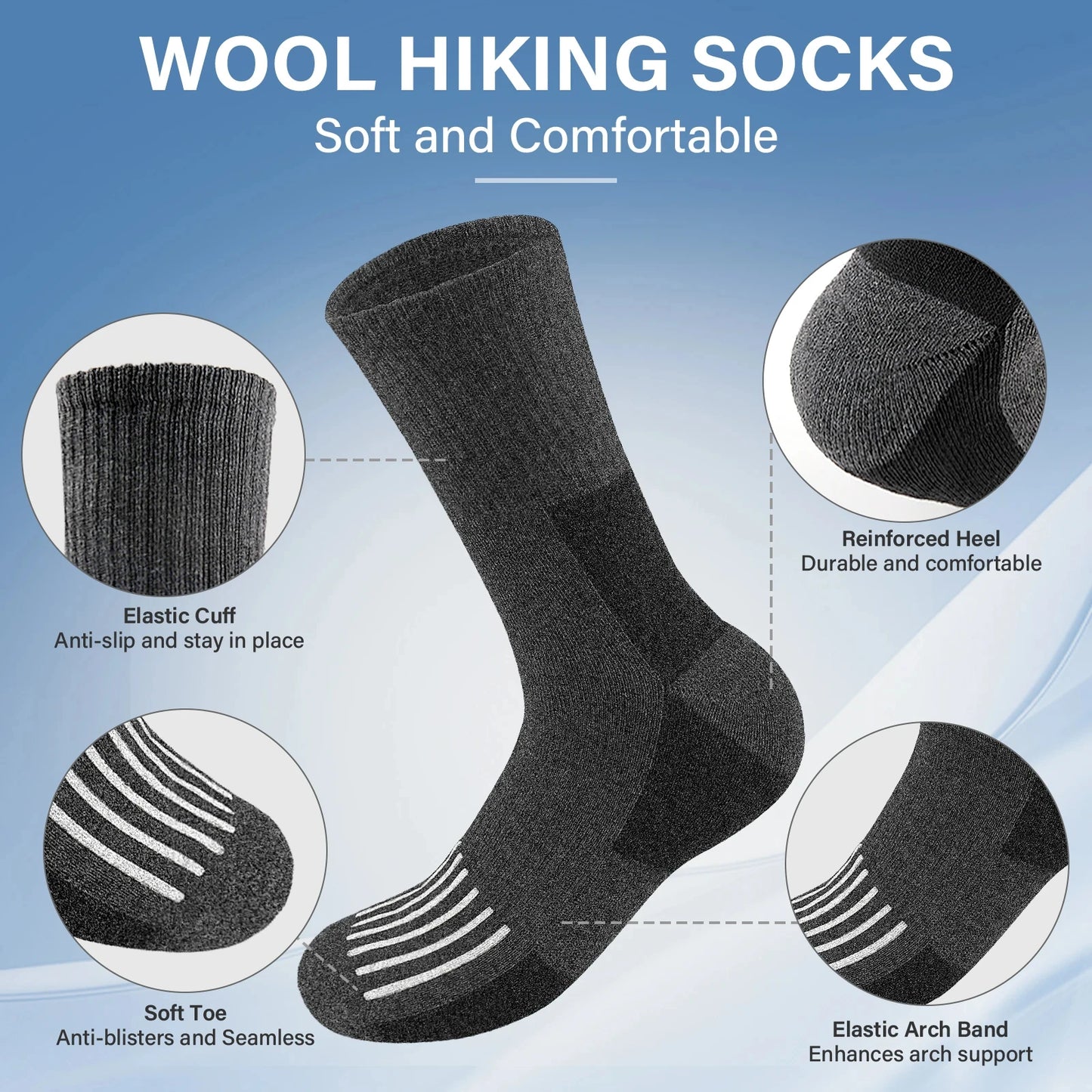 5 Pairs Merino Wool Hiking Socks for Men | Soft, Warm, Moisture-Wicking Winter Crew Socks for Indoor & Outdoor Wear