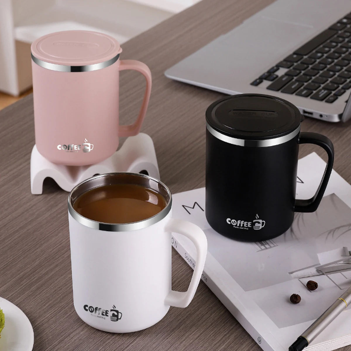 WORTHBUY 480ml Stainless Steel Insulated Coffee Mug – Double Layer Thermal Travel Cup with Lid, Handle & Leak-Proof Design