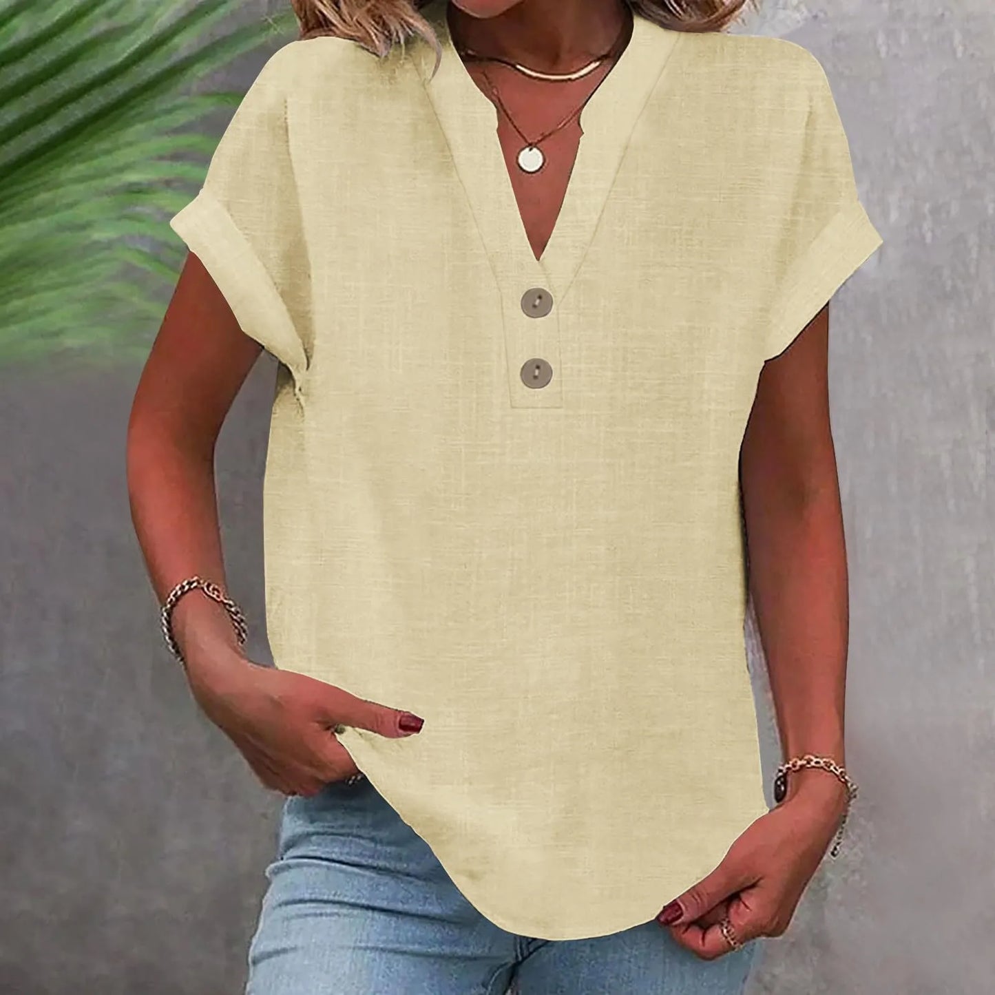 Women’s Summer Cotton Linen V-Neck Button Down Shirt – Breathable Casual Office Top in Solid Colors