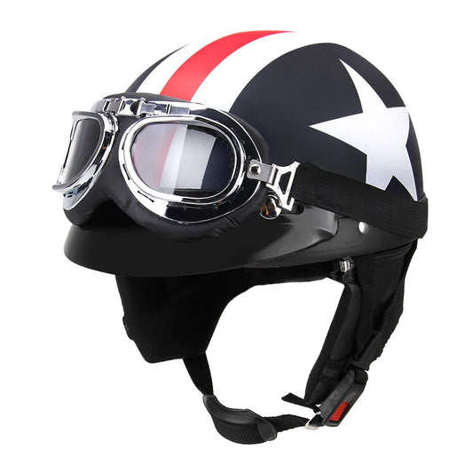 Retro Vintage Motorcycle Helmet - Half Open Face Moto Helmet With Visor UV Goggles for Motorbike Riding Motocross Safety Gear