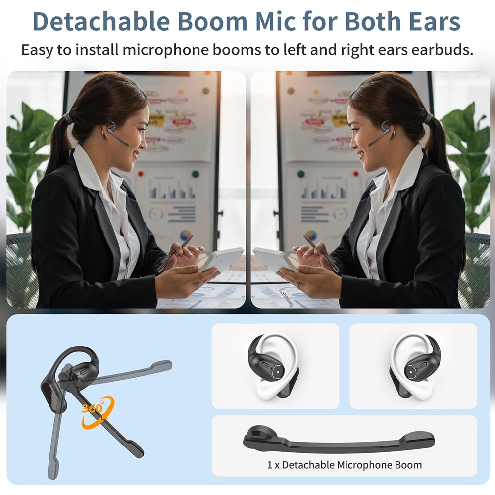 Open-Ear Bluetooth 5.4 Headphones with Boom Mic – Wireless ENC Noise-Cancelling Headset with Detachable Microphone & Mute Button