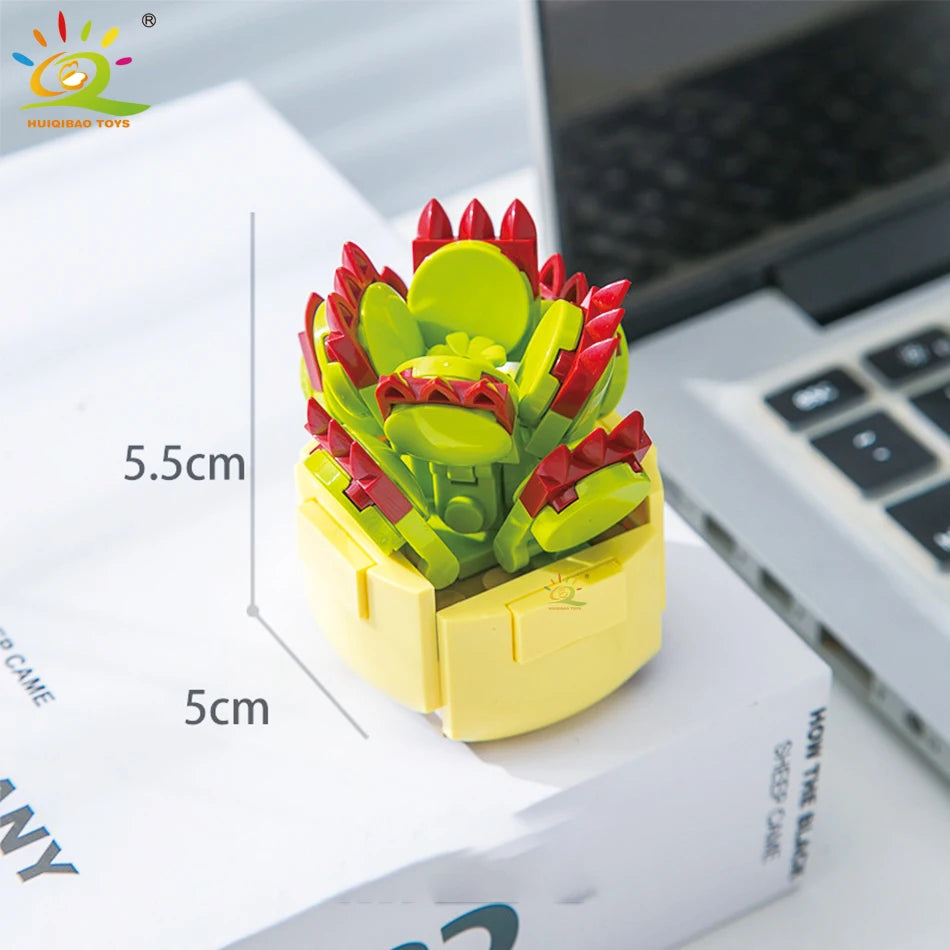 HUIQIBAO MOC Flower & Succulent Potted Building Block Set – DIY Eternal Bouquet, Home Desk Plant Decor, Girls & Kids Toy Gift