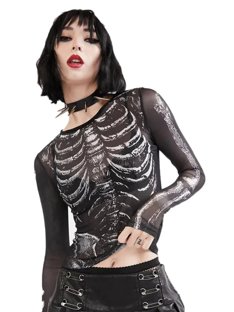 Gothic Punk Shirt for Women – 2000s Skeleton Pattern Round Neck Long Sleeve Crop Top, Black Dark Academia Y2K Streetwear Tee