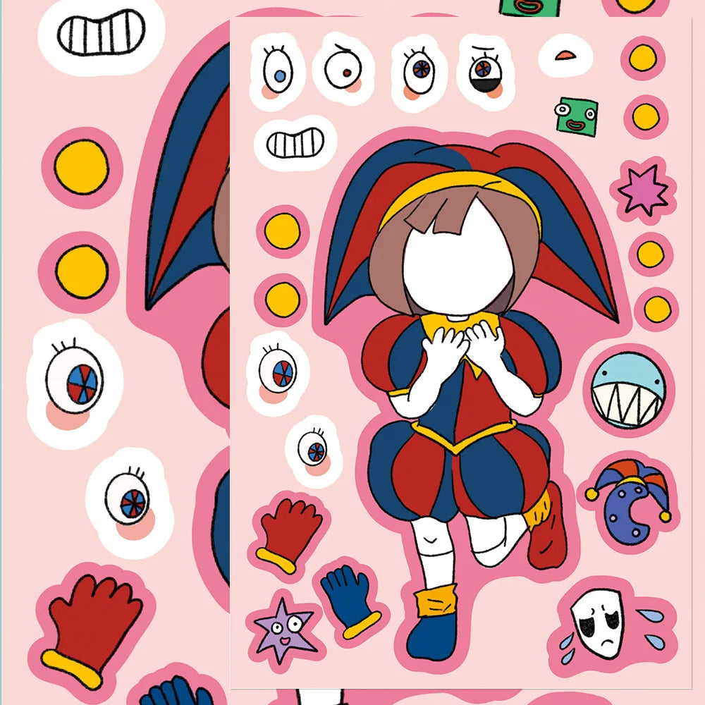 8-Sheet Cartoon Digital Circus Face Puzzle Stickers – DIY Expression Matching Game and Creative Educational Toy for Kids