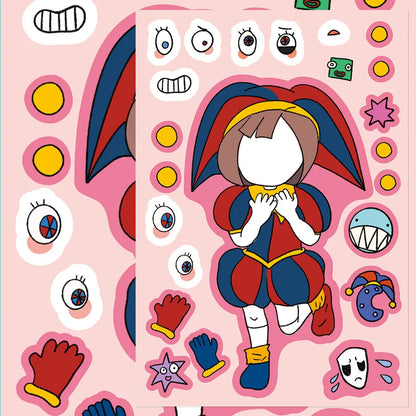 8-Sheet Cartoon Digital Circus Face Puzzle Stickers – DIY Expression Matching Game and Creative Educational Toy for Kids