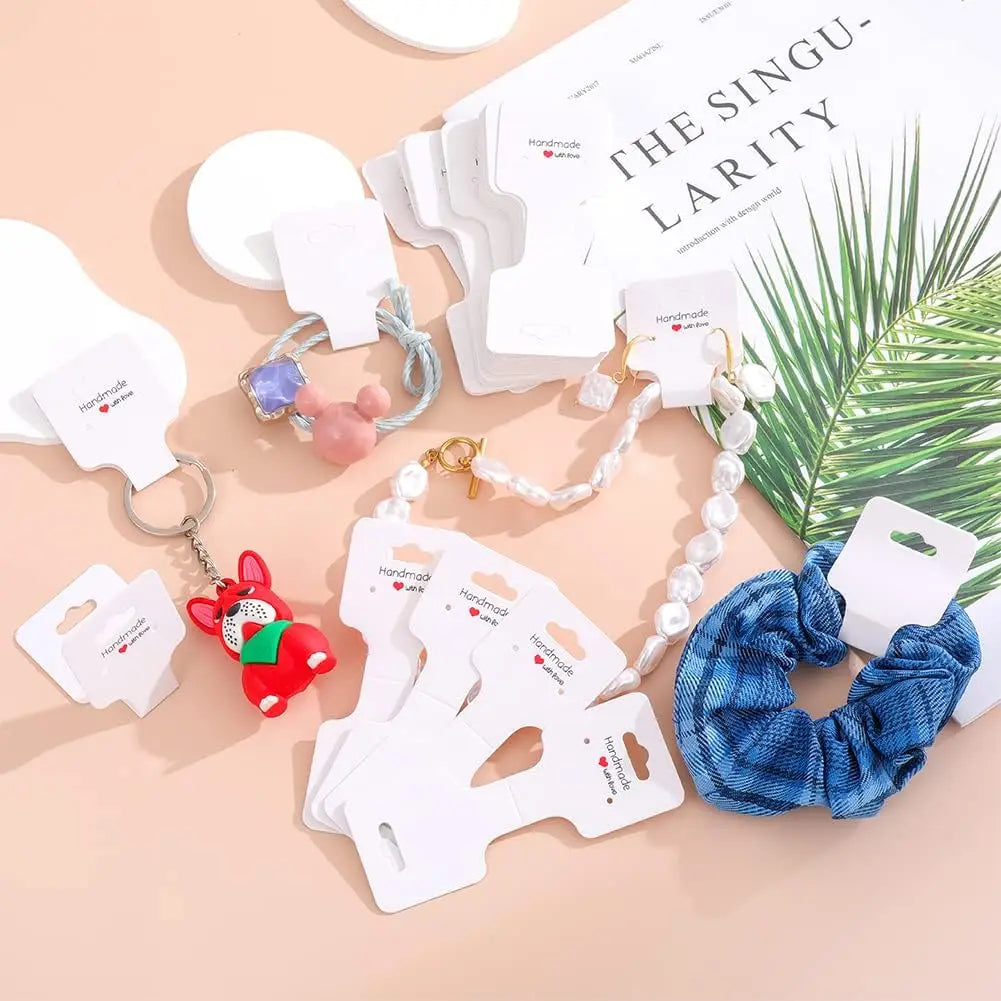 50PCS Blank Jewelry Display Cards — Foldable Adhesive Price Tag Holders for Necklaces & Bracelets, Small Business Packaging Supplies