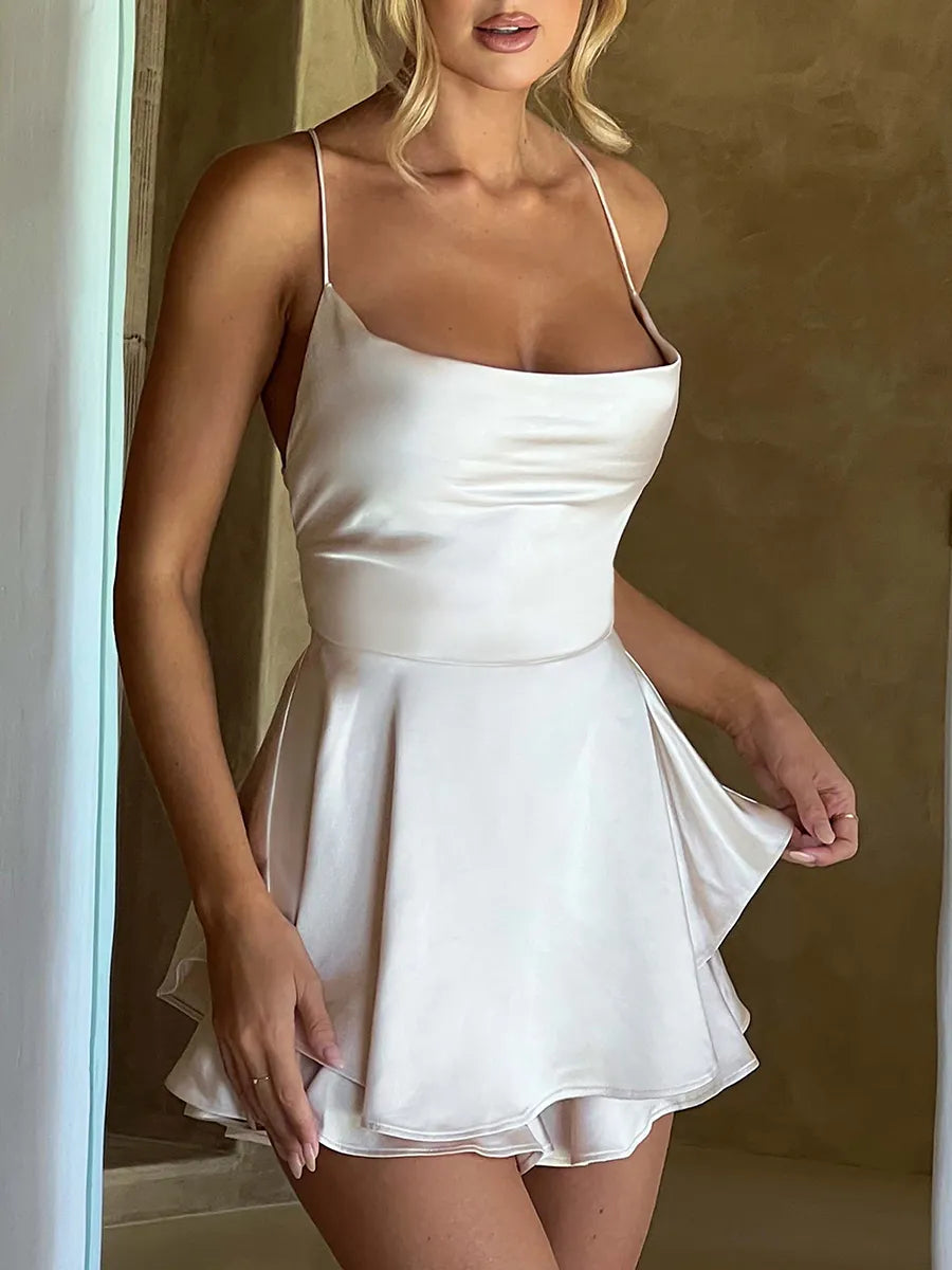 Solid Color Cami Playsuits: Women's Cowl Neck Sleeveless Short Jumpsuits - Cross Tie-Up Backless Romper for Summer Clubwear