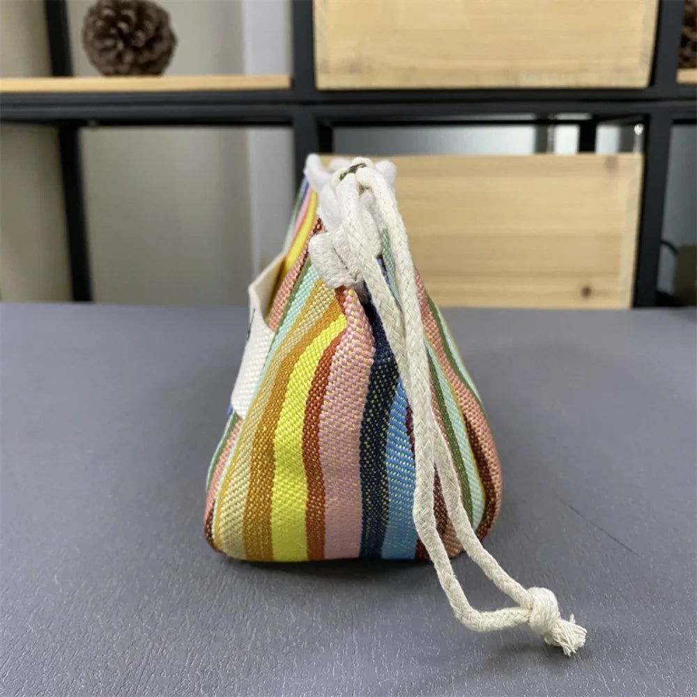 2024 Cotton Stripe Canvas Zip Pouch – Fashionable Handheld Cosmetic Cloth Bag