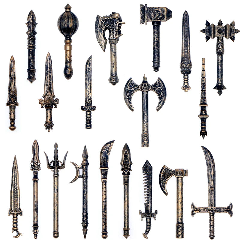 Medieval Figure Weapons Building Blocks Kit – King Sword, Lion Shield, Trident & Double-Edged Axe Battle Toy