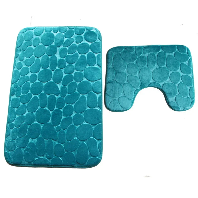 2PC Set Funnel Cobblestone Anti-Slip Bathroom Mat - Toilet Rug, New Bath Mat Set