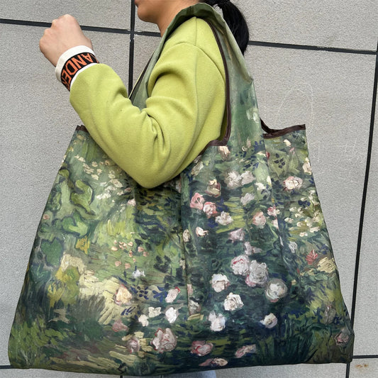 Flower Oil Painting Foldable Shopping Tote Bag – Large Capacity Reusable Portable Shoulder Handbag for Travel, Beach & Grocery Storage