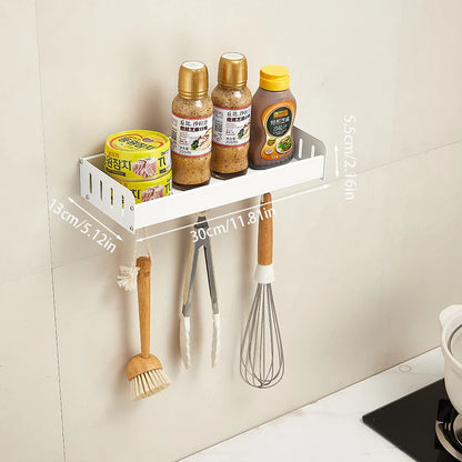 Wall-Mounted Kitchen Spice Rack Organizer with Hanging Hooks – Kitchen Storage Shelf for Condiments