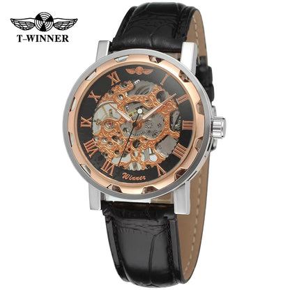 T-Winner Classic Skeleton Watch – Mechanical Hand-Wind Wristwatch with PU Leather Strap for Men & Women