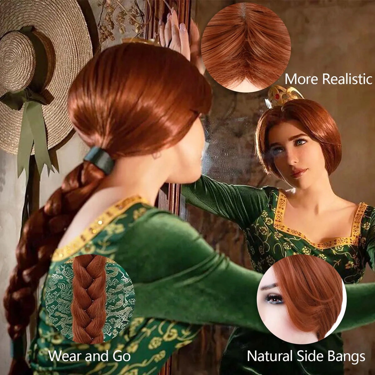 Fiona Princess Long Braided Wig - Reddish Brown Synthetic Hair for Halloween Cosplay & Parties
