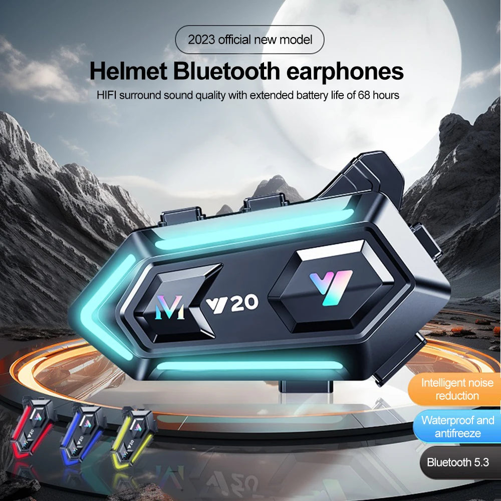 Y20 Motorcycle Helmet Bluetooth Headset – BT5.3 Wireless Hands-Free Call, Noise-Reduction, Waterproof with RGB Light