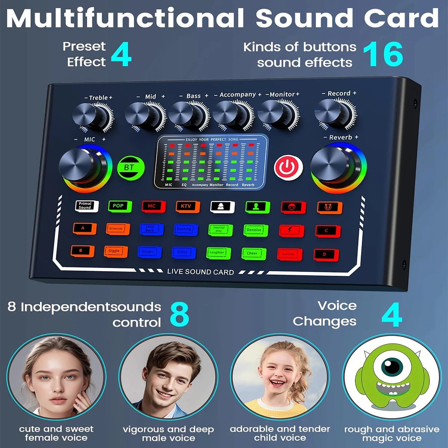F009 Live Sound Card Mixer - Bluetooth DJ Audio Interface with Microphone Kit for Smartphone Live Streaming & Recording