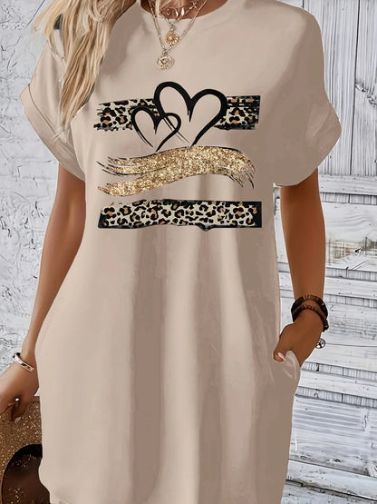 Women’s Heart Print Knit T-Shirt Dress - Casual Short Sleeve Crew Neck Top with Colorful Flag Design