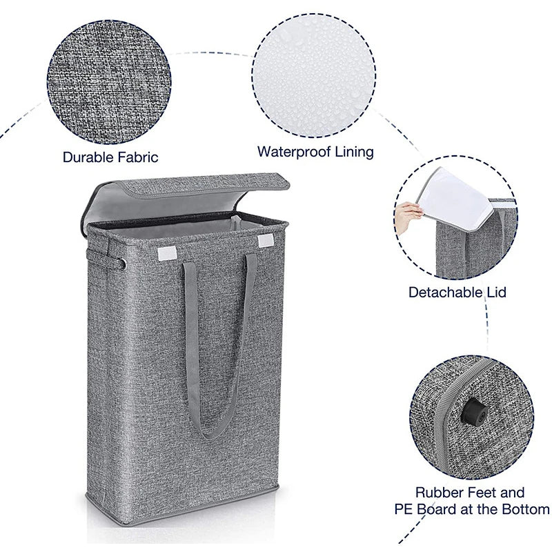 45L Thin Laundry Basket with Cover - Narrow Handled Dirty Laundry Basket for Bedroom and Kindergarten - Whole Basket Storage Bag