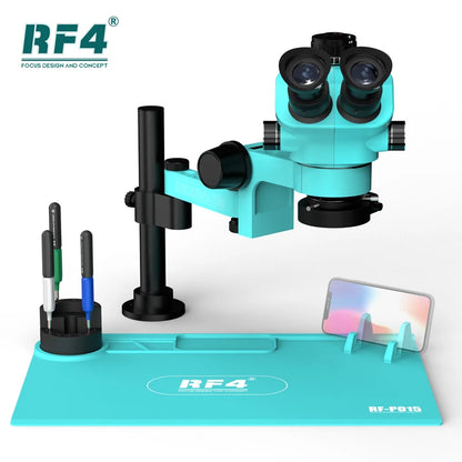 RF4 Trinocular Stereo Microscope Set – 360° Rotation Articulating Arm Stand, Phone Soldering & PCB Repair, Model RF7050TVPRO-F019