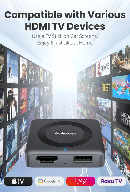 OTTOCAST Car TV Mate Adapter — Wired to Wireless CarPlay & Android Auto, HDMI Multimedia Video Converter for TV Sticks, Game Box, Phone