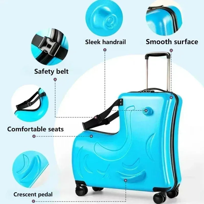 Kids Scooter Ride-On Suitcase – 360° Wheel Luggage with Pedal, Handrail, Removable Seat Belt, 20/24 Inch Cabin Bag