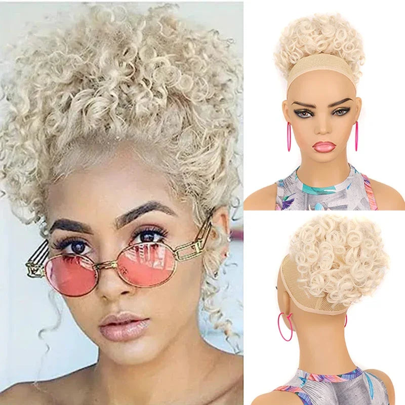 Synthetic Messy Curly Hair Bun – Short Loose Wave Updo Ponytail, Blonde Chignon Hairpiece, Heat-Resistant Extensions for Women