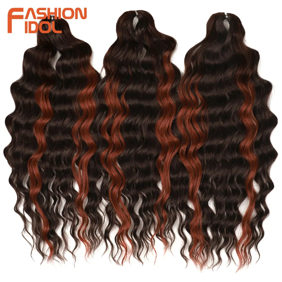 FASHION IDOL 24" Deep Wave Crochet Hair - 3-Piece Synthetic Water Wave Braiding Extensions, Ombre Rainbow Twist Hair