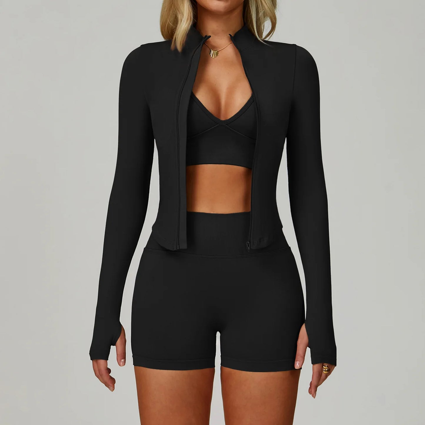 2/3PCS Women’s Seamless Yoga & Gym Set – Push-Up Sports Bra, Long Sleeve Jacket & Workout Leggings