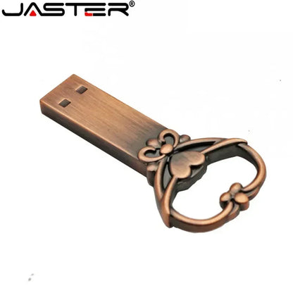 JASTER Copper Heart-Shaped Key USB Flash Drive – Metal Pendrive Memory Stick 4GB/16GB/32GB/64GB, Perfect Wedding Gift