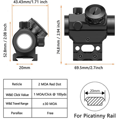 2MOA Red Dot Sight 1x25mm Reflex Scope – Waterproof, Shockproof, Fog-Proof with 1-Inch Riser Mount for Rifles