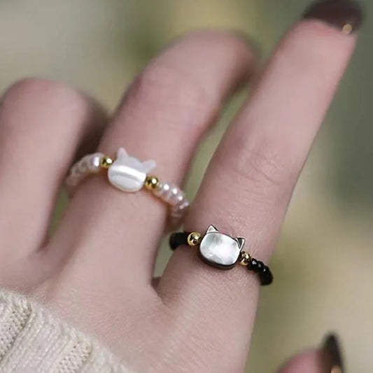 Cute Cat Beaded Rings - Handmade Black & White Stone Couple Rings for Women & Men Korean Fashion Lovers Friends Jewelry Gift