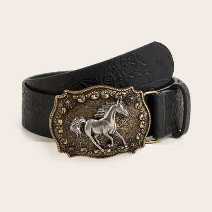 Neutral Horse Head Buckle PU Belt – Fashionable Peony Pattern Design