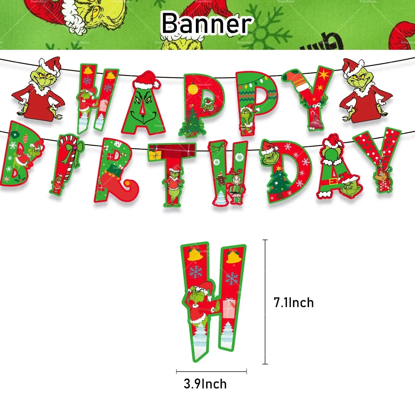 Grincs Christmas Party Balloon Decoration Set – Merry Xmas Banner Cake & Disposable Tableware Supplies Green Red